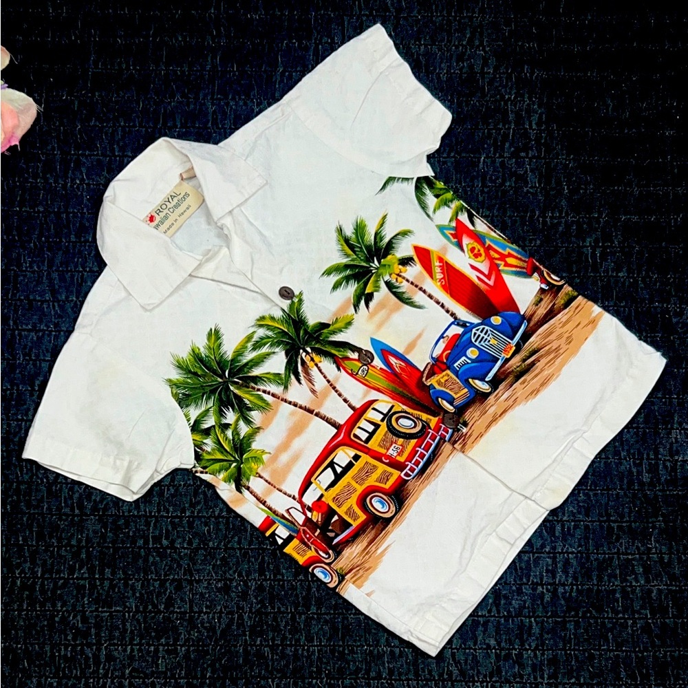 Royal Creations Boys Kids Hawaiian Shirt Car Print Made in Hawaii; Size 1; 12 mo